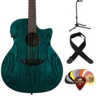 Luna Gypsy Quilted Ash Acoustic-Electric Guitar Essentials Bundle - Transparent Teal