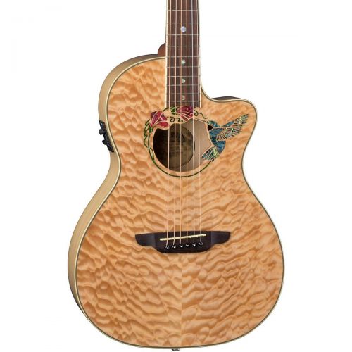  Luna Guitars},description:Luna Guitars iridescent Hummingbird hovers at the soundhole drawing nectar from a pink abalone flower. Its petite parlor size body includes a Fishman prea