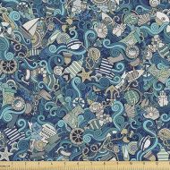 Lunarable Nautical Fabric by The Yard, Abstract Doodle Pattern Marine Captain Journey Steering Wheel Fins, Decorative Fabric for Upholstery and Home Accents, 2 Yards, Grey Teal