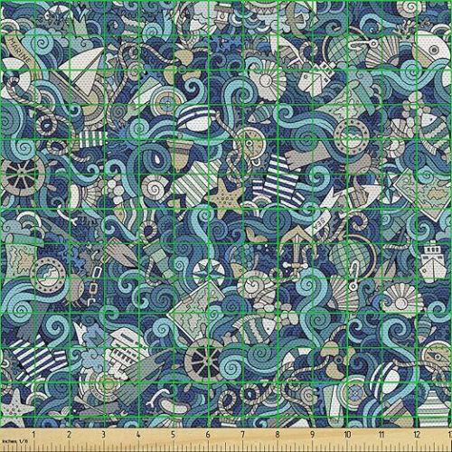  Lunarable Nautical Fabric by The Yard, Abstract Doodle Pattern Marine Captain Journey Steering Wheel Fins, Decorative Fabric for Upholstery and Home Accents, 2 Yards, Grey Teal