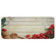 Lunarable Rustic Kitchen Mat, Cooking Vegetables Theme Recipe Chef Rustic Wood Planks Utensil Artwork Image, Plush Decorative Kithcen Mat with Non Slip Backing, 47 X 19, Brown Gree