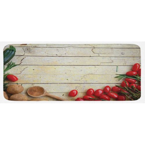  Lunarable Rustic Kitchen Mat, Cooking Vegetables Theme Recipe Chef Rustic Wood Planks Utensil Artwork Image, Plush Decorative Kithcen Mat with Non Slip Backing, 47 X 19, Brown Gree