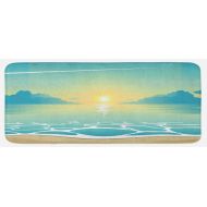 Lunarable Turquoise Kitchen Mat, Evening Seashore at Sunset Waves Clouds Plane Flying in Sky Aquatic Island, Plush Decorative Kitchen Mat with Non Slip Backing, 47 W X 19 L Inches,