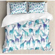 Lunarable Giraffe Duvet Cover Set, Abstract Animal Various Poses Sitting Eating Walking Inspiration, Decorative 3 Piece Bedding Set with 2 Pillow Shams, Queen Size, Blue