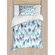 Lunarable Giraffe Duvet Cover Set, Abstract Animal Various Poses Sitting Eating Walking Inspiration, Decorative 2 Piece Bedding Set with 1 Pillow Sham, Twin Size, Violet Teal Pale