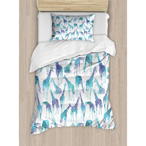  Lunarable Giraffe Duvet Cover Set, Abstract Animal Various Poses Sitting Eating Walking Inspiration, Decorative 2 Piece Bedding Set with 1 Pillow Sham, Twin Size, Violet Teal Pale
