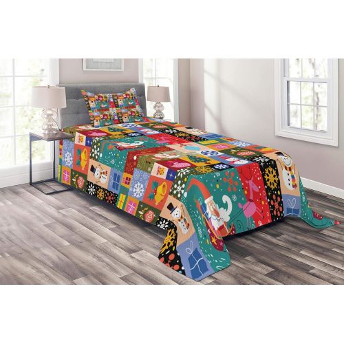  [아마존베스트]Lunarable Christmas Coverlet Set Twin Size, Modern Design Theme with Funny Xmas Winter Patterns Kids Children Nursery Theme, 2 Piece Decorative Quilted Bedspread Set with 1 Pillow