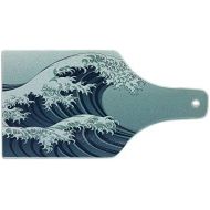 Lunarable Wave Cutting Board, Japanese Motif Vintage Style Drawing Culture Inspirations Oriental, Tempered Glass Serving Board, Wine Bottle Shape, Medium Size, Navy Blue