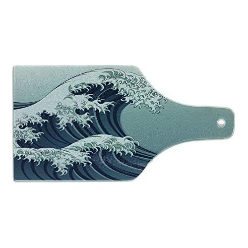  Lunarable Wave Cutting Board, Japanese Motif Vintage Style Drawing Culture Inspirations Oriental, Tempered Glass Serving Board, Wine Bottle Shape, Medium Size, Navy Blue