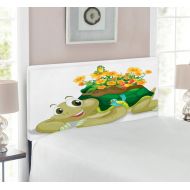 Lunarable Reptile Headboard, Funny Floral Turtle Talking Colorful Humming Birds Tortoise Ninja Inspired Print, Upholstered Decorative Metal Bed Headboard with Memory Foam, Twin Siz