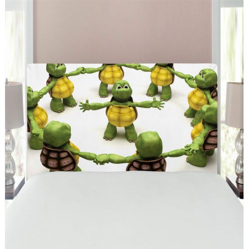 Lunarable Reptile Headboard, Ninja Turtles Dancing Tortoise Team Relax Fun Happiness Theme, Upholstered Decorative Metal Bed Headboard with Memory Foam, Twin Size, Green White Brow