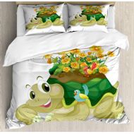 Lunarable Reptile Duvet Cover Set, Funny Floral Turtle Talking Colorful Humming Birds Tortoise Ninja Inspired Print, Decorative 3 Piece Bedding Set with 2 Pillow Shams, California