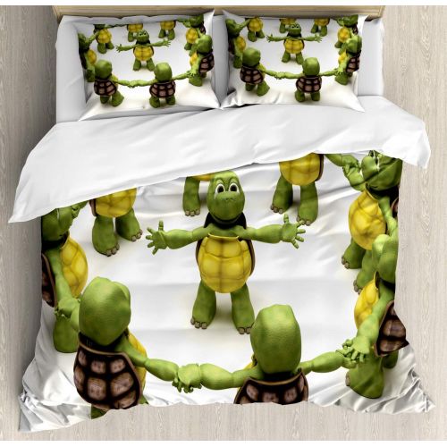  Lunarable Reptile Duvet Cover Set, Ninja Turtles Dancing Tortoise Team Relax Fun Happiness Theme, Decorative 3 Piece Bedding Set with 2 Pillow Shams, California King, Green White B