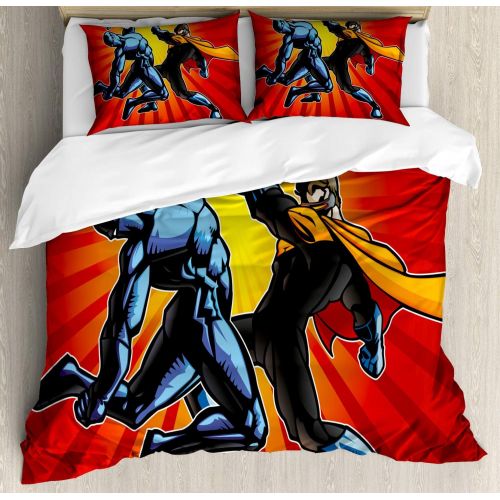  Lunarable Superhero Duvet Cover Set, Hero and Ninja in a Quarrel Heroic Villain Punching Fist Design, Decorative 3 Piece Bedding Set with 2 Pillow Shams, California King, Multicolo