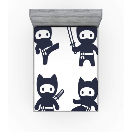  Lunarable Kawaii Fitted Sheet, Monochrome Oriental Cartoon Ninjas Martial Arts Inspired Pattern, Bed Cover with All-Round Elastic Pocket for Comfort, California King, Dark Blue and