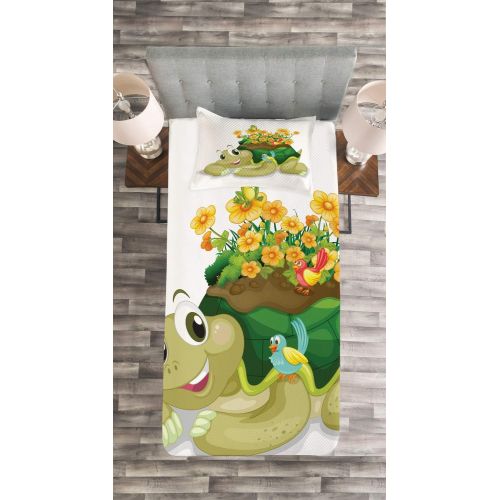  Lunarable Reptile Bedspread, Funny Floral Turtle Talking Colorful Humming Birds Tortoise Ninja Inspired Print, Decorative Quilted 2 Piece Coverlet Set with Pillow Sham, Twin Size,