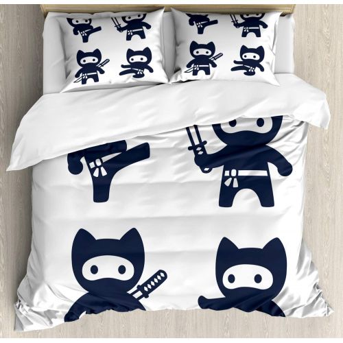  Lunarable Kawaii Duvet Cover Set, Monochrome Oriental Cartoon Ninjas Martial Arts Inspired Pattern, Decorative 3 Piece Bedding Set with 2 Pillow Shams, California King, Blue White