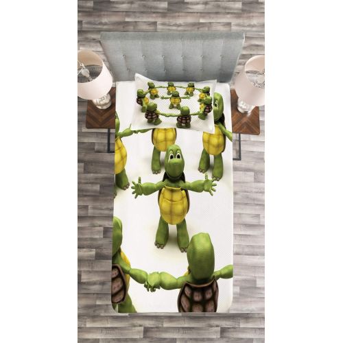  Lunarable Reptile Bedspread, Ninja Turtles Dancing Tortoise Team Relax Fun Happiness Theme, Decorative Quilted 3 Piece Coverlet Set with 2 Pillow Shams, Twin Size, Green White Brow