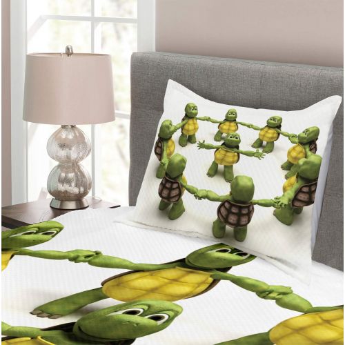  Lunarable Reptile Bedspread, Ninja Turtles Dancing Tortoise Team Relax Fun Happiness Theme, Decorative Quilted 3 Piece Coverlet Set with 2 Pillow Shams, Twin Size, Green White Brow