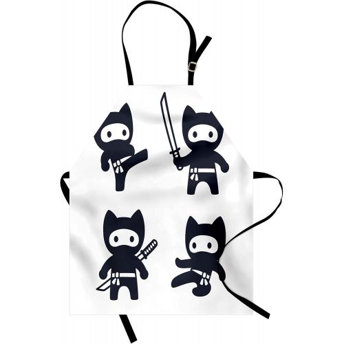  Lunarable Kawaii Apron, Monochrome Oriental Cartoon Ninjas Martial Arts Inspired Pattern, Small Apron Bib with Adjustable Ties for Baking Painting, Small Size, Dark Blue and White