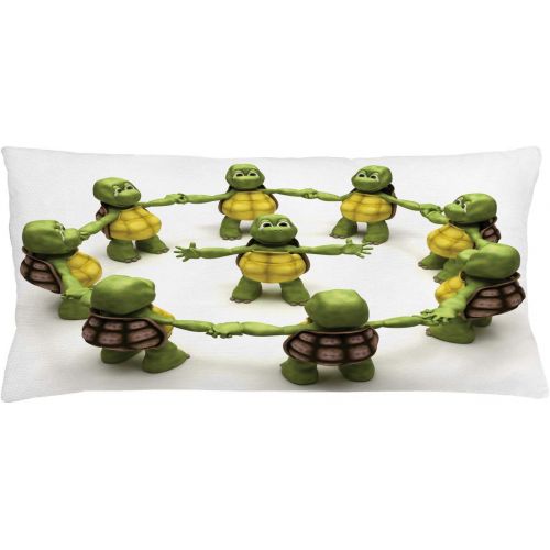  Lunarable Reptile Throw Pillow Cushion Cover, Ninja Turtles Dancing Tortoise Team Relax Fun Happiness Theme, Decorative Square Accent Pillow Case, 36 X 16, Green White Brown