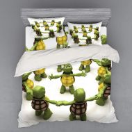 Lunarable Reptile Duvet Cover Set, Ninja Turtles Dancing Tortoise Team Relax Fun Happiness Theme, 3 Piece Bedding Set with Sham and Fitted Sheet, King Size, Green White Brown
