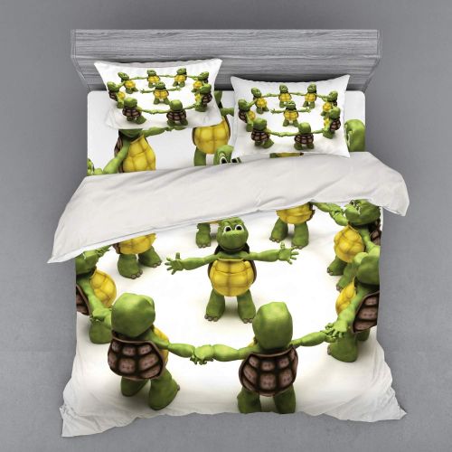  Lunarable Reptile Duvet Cover Set, Ninja Turtles Dancing Tortoise Team Relax Fun Happiness Theme, 3 Piece Bedding Set with Sham and Fitted Sheet, King Size, Green White Brown