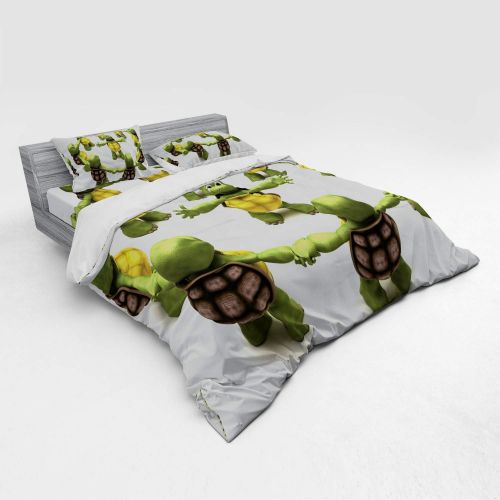  Lunarable Reptile Duvet Cover Set, Ninja Turtles Dancing Tortoise Team Relax Fun Happiness Theme, 3 Piece Bedding Set with Sham and Fitted Sheet, King Size, Green White Brown