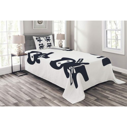  Lunarable Kawaii Bedspread, Monochrome Oriental Cartoon Ninjas Martial Arts Inspired Pattern, Decorative Quilted 2 Piece Coverlet Set with Pillow Sham, Twin Size, Blue White