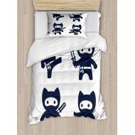 Lunarable Kawaii Duvet Cover Set, Monochrome Oriental Cartoon Ninjas with Martial Arts Inspired Pattern, Decorative 2 Piece Bedding Set with 1 Pillow Sham, Twin Size, Blue White