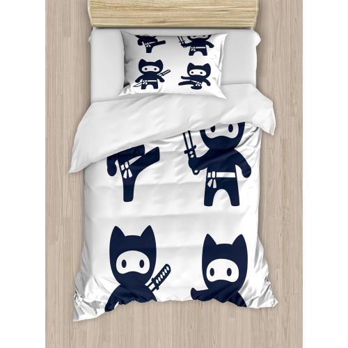  Lunarable Kawaii Duvet Cover Set, Monochrome Oriental Cartoon Ninjas with Martial Arts Inspired Pattern, Decorative 2 Piece Bedding Set with 1 Pillow Sham, Twin Size, Blue White
