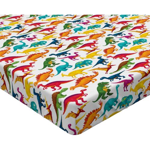  Lunarable Dinosaur Party Fitted Sheet, Tyrannosaurus Triceratop Vibrant Toned Jurassic Animals Fantasy World Turtle, Soft Decorative Fabric Bedding All-Round Elastic Pocket, Queen