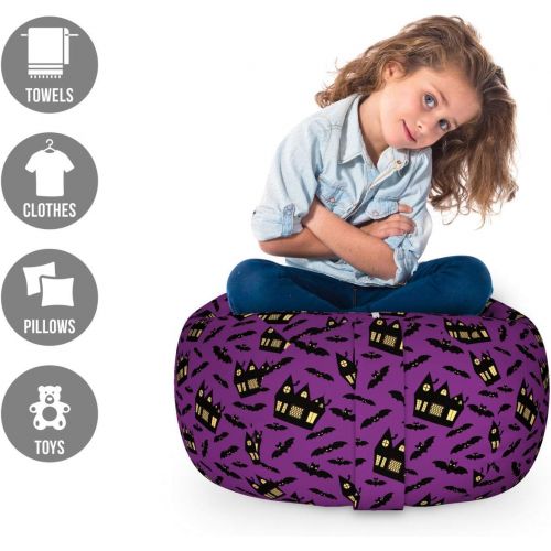  Lunarable Haunted Mansion Storage Toy Bag Chair, Horror Theme with Bats and Horror Houses Repetition, Stuffed Animal Organizer Washable Bag, Small Size, Purple Charcoal Grey