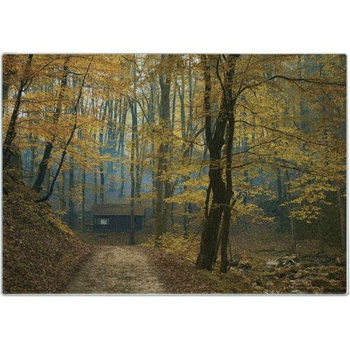  Lunarable Fall Tree Cutting Board, Autumn Fall Trees with Faded Shedding Leaves and Cabin Lodge Cottage Life Theme, Decorative Tempered Glass Cutting and Serving Board, Small Size,