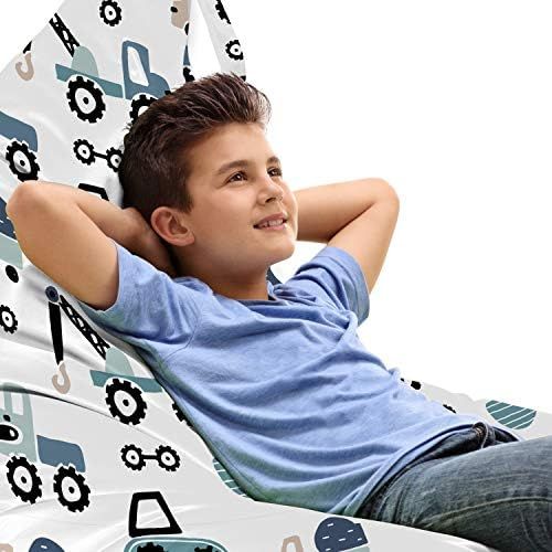  [아마존베스트]Lunarable Cars Toy Bag Lounger Chair, Nursery Design with Hand Drawn Vehicles as Tractors and Trucks Scandinavian Pattern, High Capacity Stuffed Animal Storage with Handle, Multico