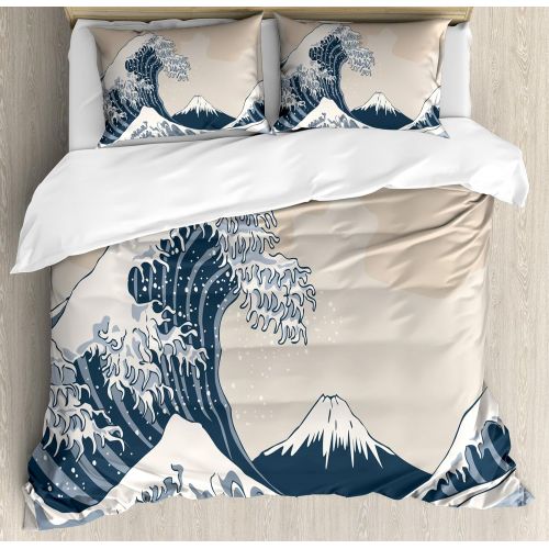  Lunarable Koi Fish Duvet Cover Set Queen Size, Sakura Blossom in Japan with Sacred Creature Asian Culture Lovely Nature Orient, Decorative 3 Piece Bedding Set with 2 Pillow Shams,