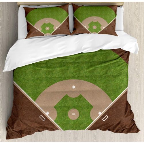  Lunarable Boys Room Duvet Cover Set Twin Size, American Baseball Field with White Markings Painted on Grass Print, Decorative 2 Piece Bedding Set with 1 Pillow Sham, Lime Green Cho