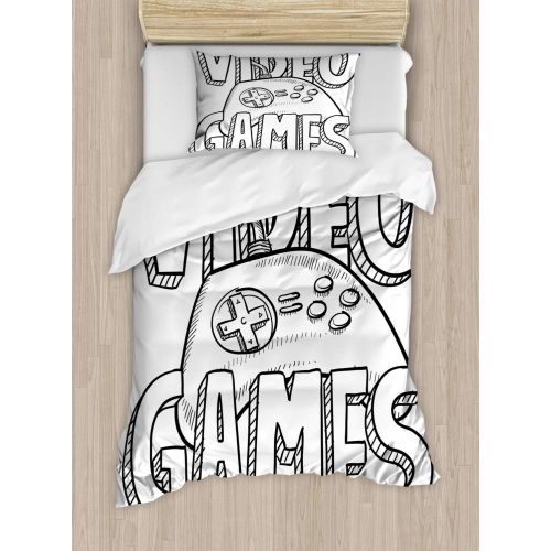  Boys Room Duvet Cover Set Twin Size by Lunarable, Doodle Style Video Games Typography Design with a Controller Sketch Artwork, Decorative 2 Piece Bedding Set with 1 Pillow Sham, Bl