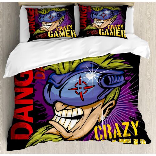  Boys Room Duvet Cover Set Twin Size by Lunarable, Doodle Style Video Games Typography Design with a Controller Sketch Artwork, Decorative 2 Piece Bedding Set with 1 Pillow Sham, Bl