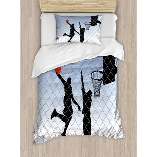  Lunarable Boys Room Duvet Cover Set Queen Size, Basketball in the Street Theme Two Players on Grungy Damaged Backdrop, Decorative 3 Piece Bedding Set with 2 Pillow Shams, Pale Blue