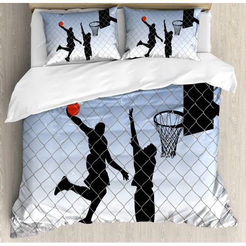  Lunarable Boys Room Duvet Cover Set Queen Size, Basketball in the Street Theme Two Players on Grungy Damaged Backdrop, Decorative 3 Piece Bedding Set with 2 Pillow Shams, Pale Blue