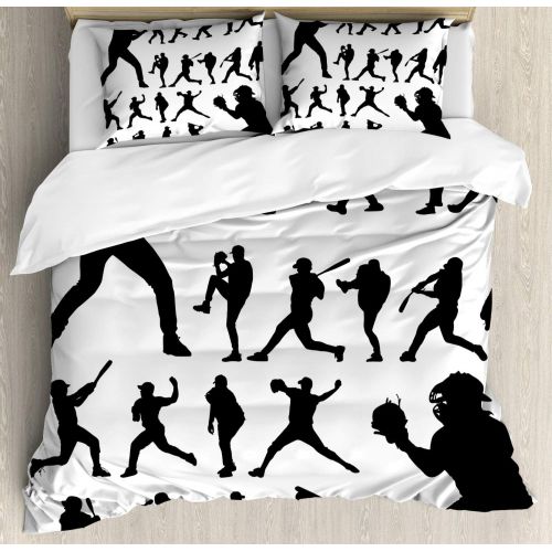  Boys Room Duvet Cover Set Queen Size by Lunarable, Hand Drawn Baseball Bat and Ball on Grunge Colored Artistic Background, Decorative 3 Piece Bedding Set with 2 Pillow Shams, Ruby