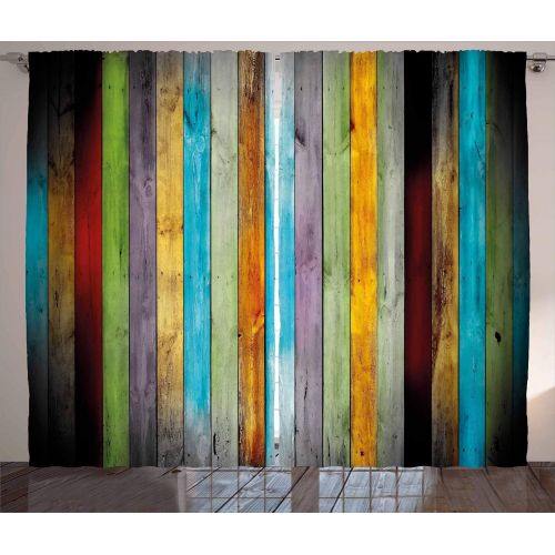  Lunarable Colorful Curtains, Vertical Wood Planks in Carpentry Oak Timber Rustic Country Life, Living Room Bedroom Window Drapes 2 Panel Set, 108 W X 84 L Inches, Multicolor