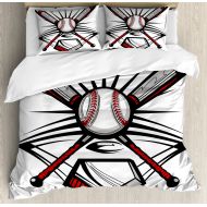 Lunarable Sports Duvet Cover Set, Crossed Bats with Ball Illustration Emblem Design with Sports, Decorative 3 Piece Bedding Set with 2 Pillow Shams, Queen Size, Black Grey