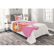 Lunarable Princess Bedspread, Smiling Girl with Her Pony Magic Unicorn Medieval Tale Characters, Decorative Quilted 2 Piece Coverlet Set with Pillow Sham, Twin Size, Pink Orange