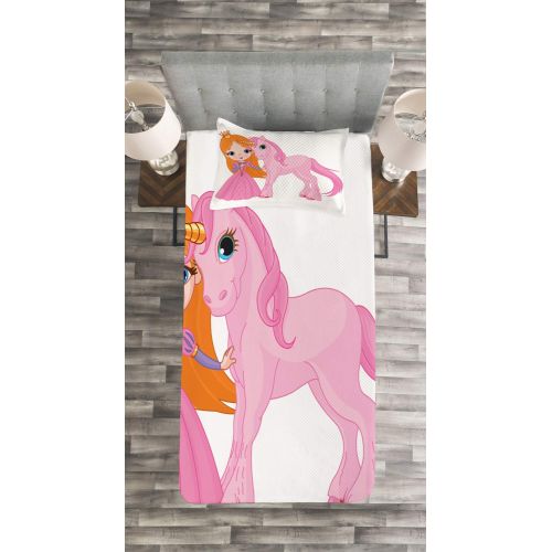  Lunarable Princess Bedspread, Smiling Girl with Her Pony Magic Unicorn Medieval Tale Characters, Decorative Quilted 2 Piece Coverlet Set with Pillow Sham, Twin Size, Pink Orange