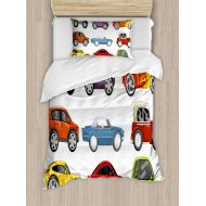 Lunarable Boys Room Duvet Cover Set Twin Size, Race Cars Monster Truck Classics Urban Jeep Artistic Speed Automobiles Print, Decorative 2 Piece Bedding Set with 1 Pillow Sham, Mult