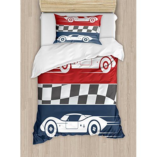  Lunarable Nursery Duvet Cover Set, Auto Racing Cars Logo Flag Winner on Road Popular Illustration, Decorative 2 Piece Bedding Set with 1 Pillow Sham, Twin Size, Coral Night