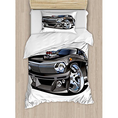  Lunarable Nursery Duvet Cover Set, Auto Racing Cars Logo Flag Winner on Road Popular Illustration, Decorative 2 Piece Bedding Set with 1 Pillow Sham, Twin Size, Coral Night