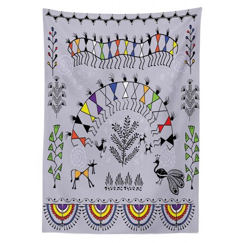  Lunarable Tribal Outdoor Tablecloth, Traditional Tribal Warli Art Design with Dancing Clan Nature Peacock Festive Ritual, Decorative Washable Picnic Table Cloth, 58 X 104 inches, M